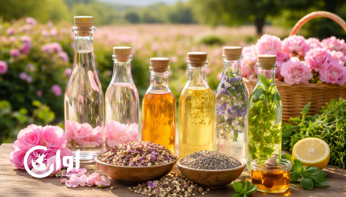 گلاب، عرقیات گیاهی و شربت سنتی ایرانی در بطری‌های شیشه‌ای، کنار گل محمدی و گیاهان معطر در مزرعه؛ نماد مبدأهای طلایی صادراتی ایران برای اوان تجارت